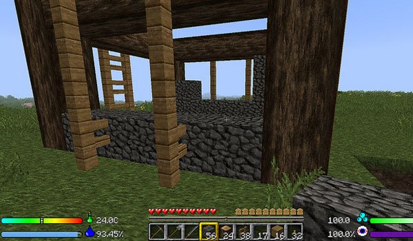 image where we see how the buildings are solid, since gravity affects them, with the mod Enviromine 1.7.10.