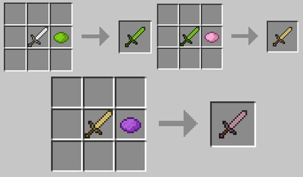 example image, where we see how tint weapons of colorful tools mod 1.16.5. 1.8.9 and 1.7.10.