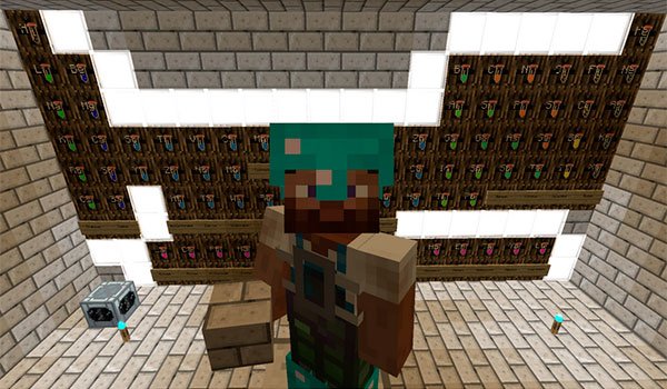 picture where we see a player of Minecraft showing a periodic table of elements from Minecraft, with minechem mod 1.7.10.