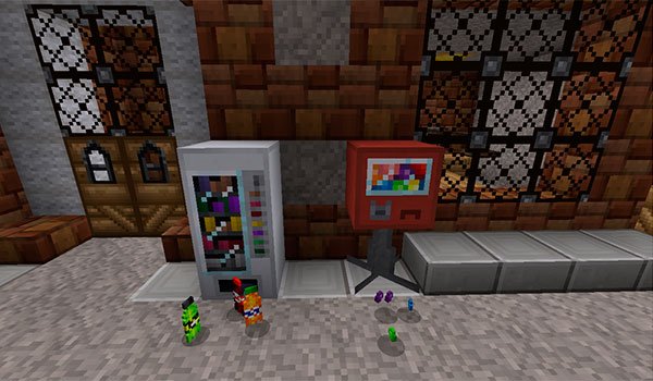 image we see two vending machines on a street in Minecraft.
